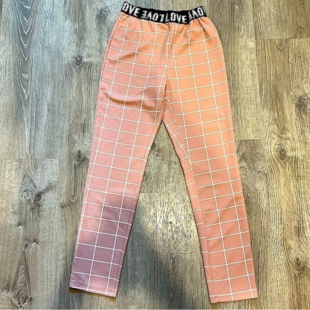 Shein Pink & White Windowpane Plaid LOVE Elastic Waist Pants Size Small